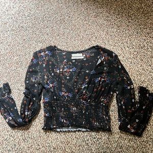 URBAN OUTFITTERS FLORAL LOW CUT V NECK LONG SLEEVE BLOUSE